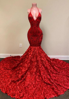 Vintage Halter red sequin prom dresses