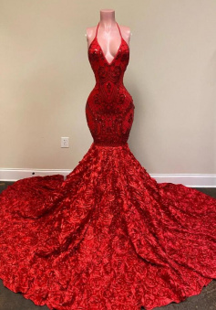 Vintage Halter red sequin prom dresses