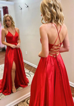 A-Line Satin V-neck Mermaid Split Red Long Prom Dress