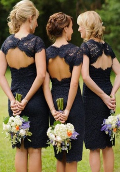 Simple Round Neck Short Sleeves Open Back Navy Blue Short Lace Bridesmaid Dress