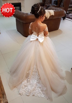 Ball Gown Round Neck Light Champagne Tulle Flower Girl Dress with Appliques