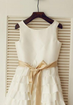 Simple A-line Scoop Sleeveless Sash Ruffles Flower Girl Dress