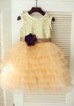 Gold Scoop Ball Gown Tulle Ruffles Flower Girl Dress