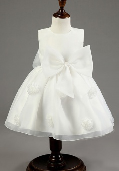 Simple Jewel Sleeveless Short White Organza Flower Girl Dress with Bowknot Handmade Flowers