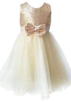 Cute Jewel Sleeveless Knee-Length Champagne Flower Girl Dress Sequined with Bowknot Sash