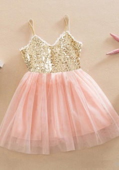 Cute V-neck Spaghetti Straps Pink Sequined Flower Girl Dress 