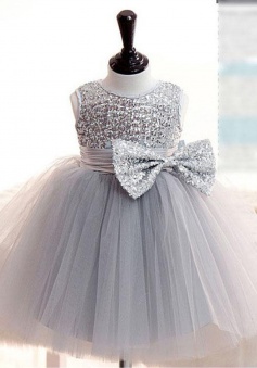 Hot Sale Jewel Sleeveless Short Grey Flower Girl Dress with Sequins Bowknot