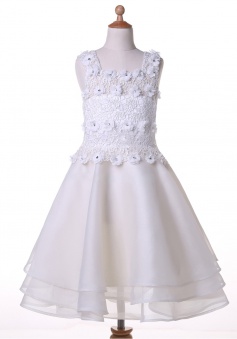 A-line Square Sleeveless Knee-Length White Chiffon Flower Girl Dress with Beading Lace