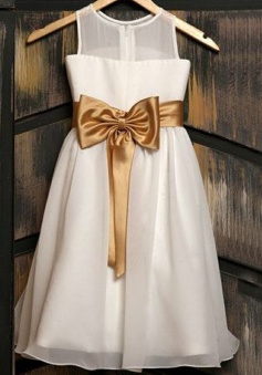 Cute Jewel Sleeveless Knee-Length White Flower Girl Dress with Gold Bow
