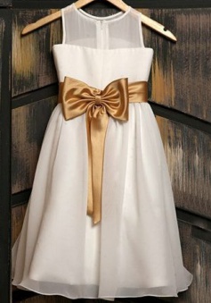 Cute Jewel Sleeveless Knee-Length White Flower Girl Dress with Gold Bow