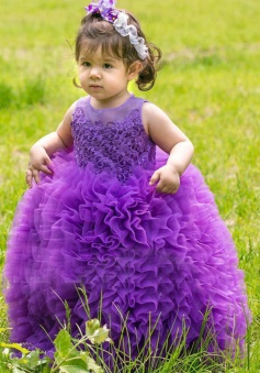 Dramatic Jewel Sleeveless Floor-Length Ball Gown Organza Purple Flower Girl Dress with Appliques