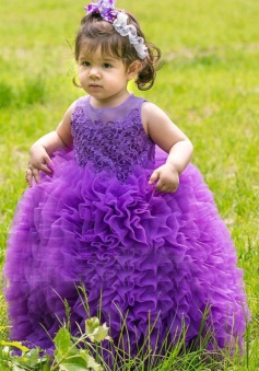 Dramatic Jewel Sleeveless Floor-Length Ball Gown Organza Purple Flower Girl Dress with Appliques