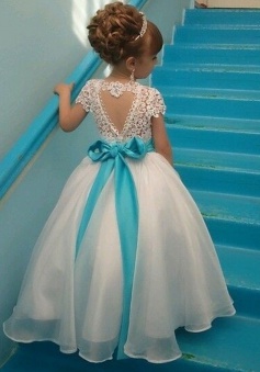 Ball Gown Jewel Cap Sleeves White Organza Flower Girl Dress with Lace Beading