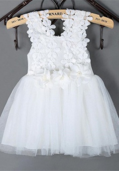 Cute Square Sleeveless Short White/Pink Flower Girl Dress with Lace Handmade Flowers