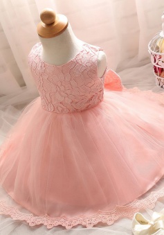 Cute Jewel Sleeveless Short Pink Lace Flower Girl Dress with Bowknot