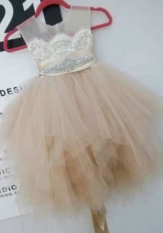 Cute Round Neck Sleeveless Short Ivory Flower Girl Dress with Lace Beading Pleats 