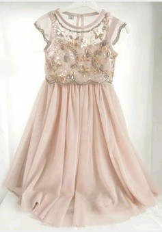 A-Line Crew Knee-Length Cap Sleeves Champagne Chiffon Flower Girl Dress with Sequins