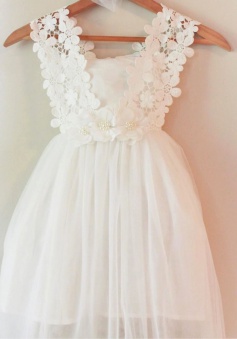 A-Line V-Neck Knee-Length Sleeveless Ivory Chiffon Flower Girl Dress with Lace Flowers