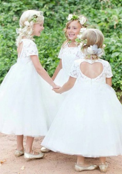 Ball Gown Jewel Short Sleeves Open Back Tulle Flower Girl Dress with Lace