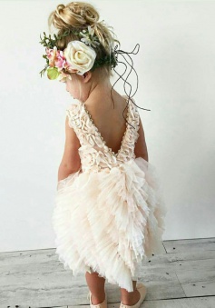 Ball Gown Jewel Sleeveless Pearl Pink Tiered Tulle Flower Girl Dress