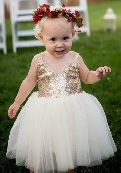 A-Line Straps White Tulle Flower Girl Dress with Lace Sequins