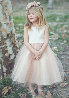 A-Line Bateau Tea-Length Blush Tulle Flower Girl Dress