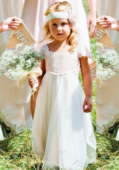 A-Line Square Cap Sleeves White Tulle Flower Girl Dress with Sash Lace