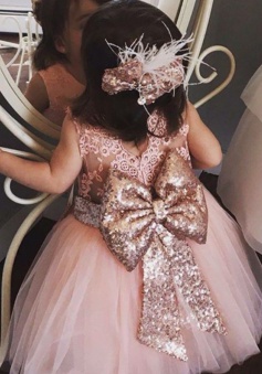 Ball Gown Round Neck Pink Flower Girl Dress with Lace Sequins