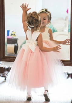 Ball Gown Square Tea-Length Pink Tulle Flower Girl Dress with Bowknot