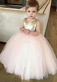 Ball Gown Bateau Pink Tulle Flower Girl Dress with Sequins Bowknot