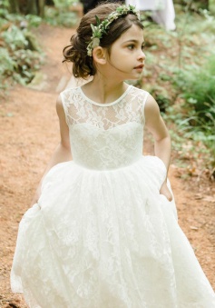 A-Line Jewel Backless Tea-Length White Lace Flower Girl Dress