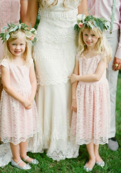 A-Line Scoop Mid-Calf Pearl Pink Lace Flower Girl Dress