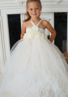 Ball Gown V-Neck White Tulle Flower Girl Dress with Lace Flowers