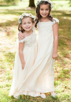 A-Line Bateau Cap Sleeves Ivory Chiffon Flower Girl Dress with Lace