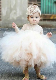 Ball Gown Bateau Long Sleeves Short Tulle Flower Girl Dress with Lace