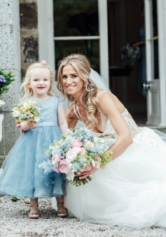 A-Line Round Neck Tea-Length Light Sky Blue Tulle Flower Girl Dress with Lace