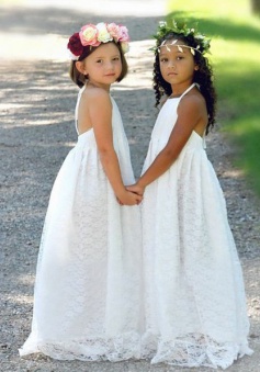 A-Line Halter Backless Floor-Length White Lace Flower Girl Dress