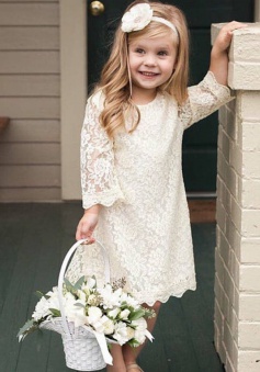 A-Line Round Neck 3/4 Sleeves White Lace Flower Girl Dress