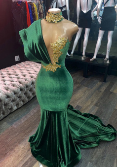 Mermaid Velvet Green Prom Dresses With Lace