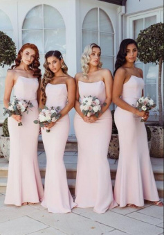 Strapless Light Pink Long Bridesmaid Dresses