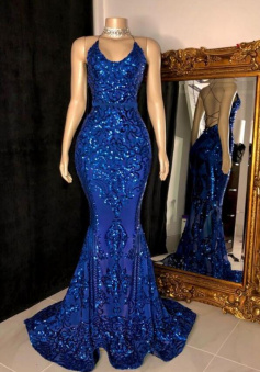 Charming Royal Blue Backless Sequin Prom Dresses