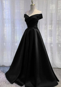 Off Shoulder A Line Black Stain Prom Dresses