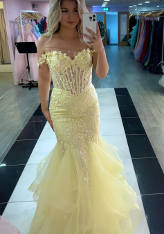 Yellow Mermaid Lace Evening Prom Dress, Long Party Formal Dresses     