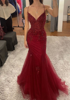 Burgundy Mermaid Long Prom Dresses Formal Evening Dress 