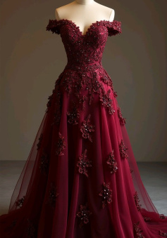A Line Burgundy Tulle Lace Long Off Shoulder Prom Dress Evening Dresses  