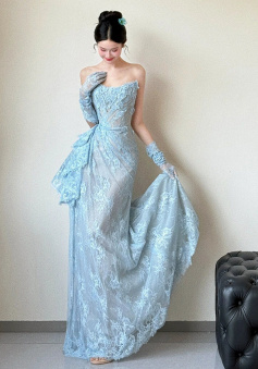 Blue Lace Mermaid Long Prom Dress Sexy Evening Dresses With Side Split  