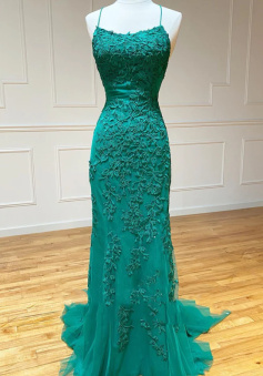 Open Back Green Mermaid Lace Prom Dresses, Backless Green Mermaid Lace Formal Evening Dresses       