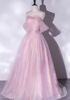 Shiny tulle sequins long pink prom dress A-line evening dress   