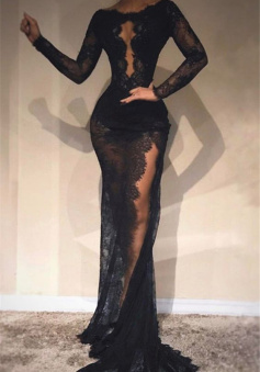 Black Sheath Lace Evening Dresses    