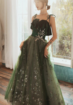Beautiful Dark Green Straps Tulle with Velvet Party Dress, Green Evening Gown Prom Dress    